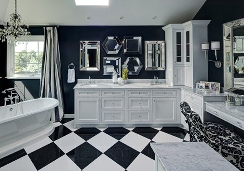 black and white checkerboard tiled bathroom floor