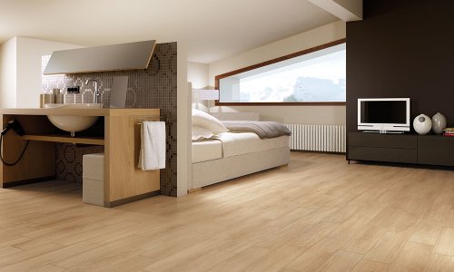 natural colored wood look tile in bedroom