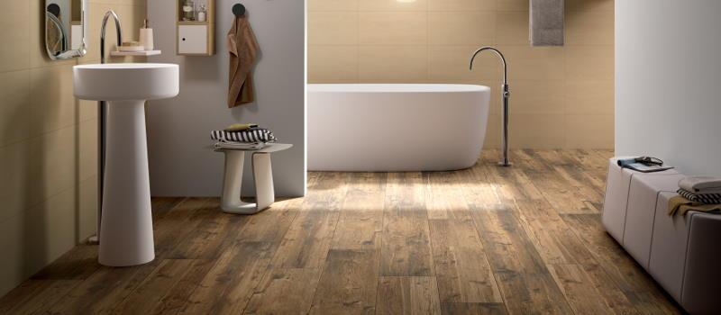 wood look tile in contemporary bathroom