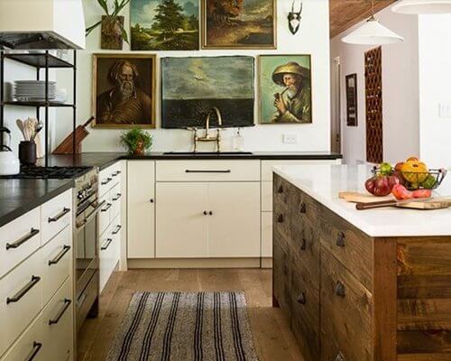 Kitchen cabinets made from recycled wood.