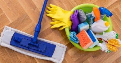 cleaning materials on hardwood floor