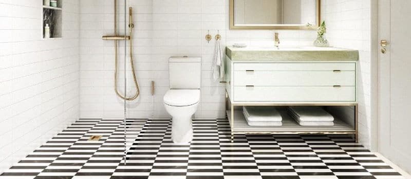 modern bathroom with black and white floor tiles