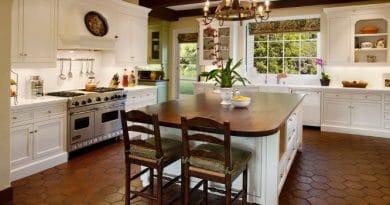 farmhouse style kitchen with tiled floor