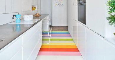 modern kitchen with rainbow rubber flooring