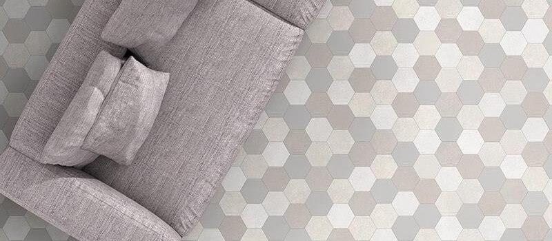 living room with gray hexagon resilient flooring