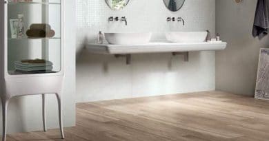 modern bathroom with wood look floor tile