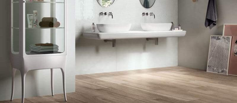 modern bathroom with wood look floor tile