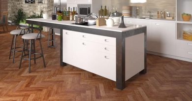 Brown wood herringbone kitchen floor