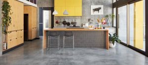 modern kitchen with concrete flooring