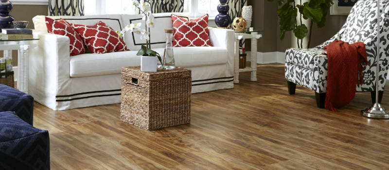 Light brown vinyl wood look plank flooring in a modern living room