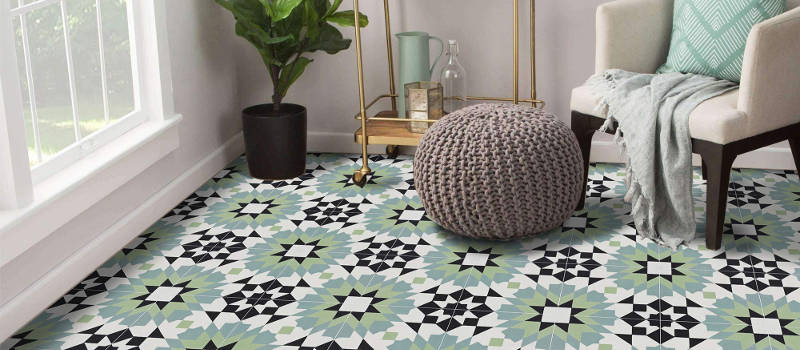 Geometric floor tiles in living room