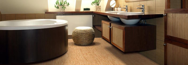 Light brown strand woven cork flooring in a bathroom
