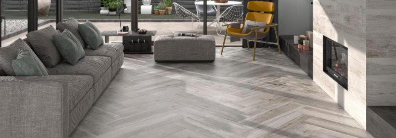 Grey herringbone tile pattern in modern living room